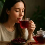 Žena pije ibiškový čaj z priehľadného hrnčeka.