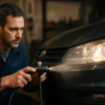 Muž umýva svetlomety auta v garáži pomocou vodného systému.