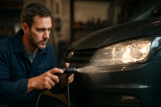 Muž umýva svetlomety auta v garáži pomocou vodného systému.