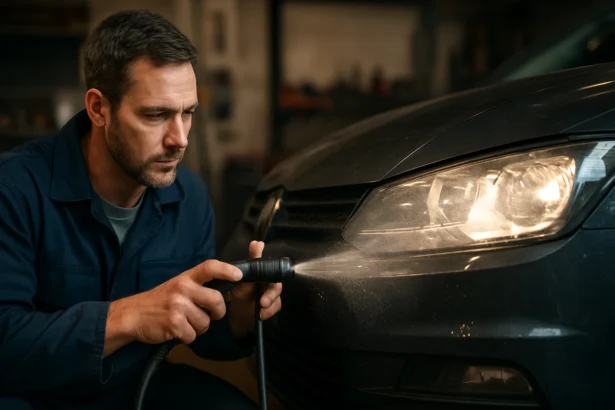 Muž umýva svetlomety auta v garáži pomocou vodného systému.