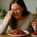 Žena plače pri pikantnom jedle s čili papričkami
