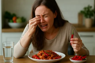 Žena plače pri pikantnom jedle s čili papričkami