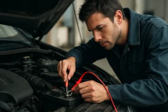 Muž pracujúci na batérii auta, zapaľovanie a technológie vozidiel.