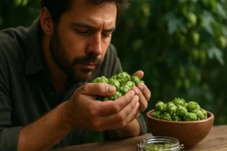 Muž s chmeľovými šiškami, skúma ich vôňu a účinky.