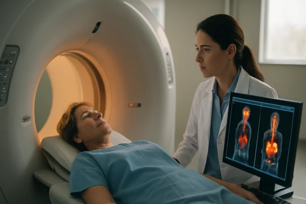Žena na vyšetrení PET-CT s lekárom a zobrazovacími výsledkami.