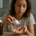 Žena nalieva povidón do dlane z fľaštičky na lieky.