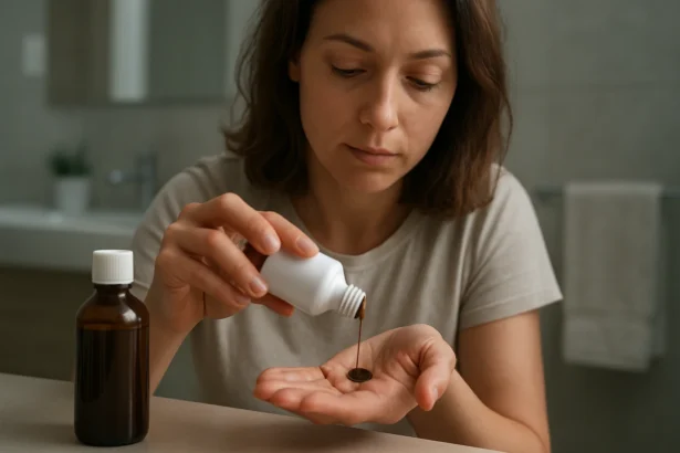 Žena nalieva povidón do dlane z fľaštičky na lieky.