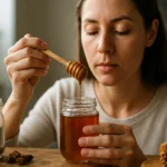 Žena si vychutnáva propolisový med z pohára s lyžicou