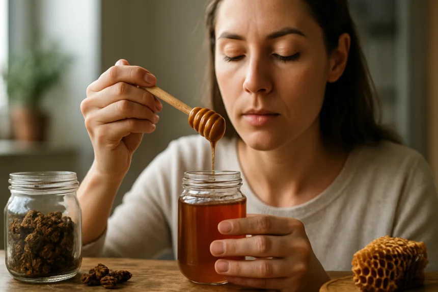 Žena si vychutnáva propolisový med z pohára s lyžicou
