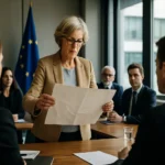 Žena v oblečení prednáša dokument na stretnutí s európskymi predstaviteľmi.