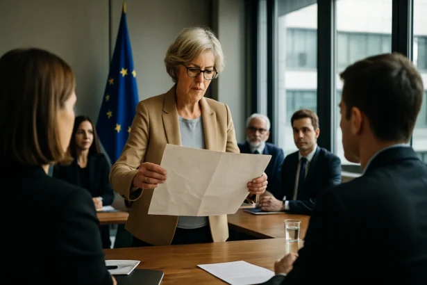 Žena v oblečení prednáša dokument na stretnutí s európskymi predstaviteľmi.