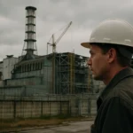 Pracovník pred jadrovou elektrárňou Csernobil v bezpečnostnej helme.