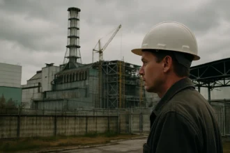 Pracovník pred jadrovou elektrárňou Csernobil v bezpečnostnej helme.