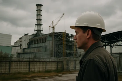 Pracovník pred jadrovou elektrárňou Csernobil v bezpečnostnej helme.