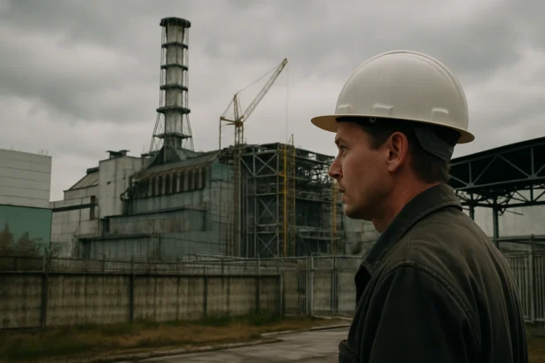 Pracovník pred jadrovou elektrárňou Csernobil v bezpečnostnej helme.
