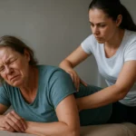 Žena počas terapie Dévény, prežíva bolestivý moment.