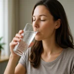 Žena pije sýtenú vodu z pohára pre zdravšiu vitalitu.