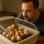 Muž sleduje šteniatka kuriatok v inkubátore s vajciami