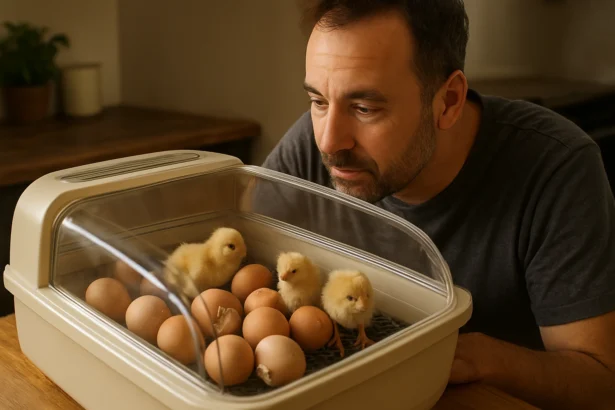 Muž sleduje šteniatka kuriatok v inkubátore s vajciami