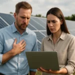 Dvojica odborníkov diskutuje o solárnej energii pri fotovoltaických paneloch.