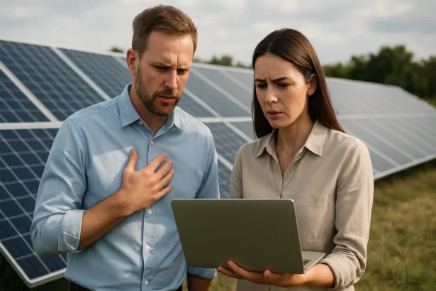 Dvojica odborníkov diskutuje o solárnej energii pri fotovoltaických paneloch.
