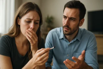 Žena s marihuanou vyzerá znepokojene, muž sa pýta na jej pocity.