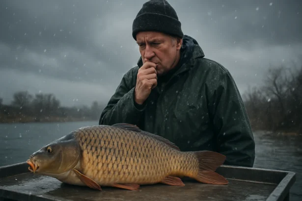 Muž uvažujúci nad kaprom počas studeného frontu