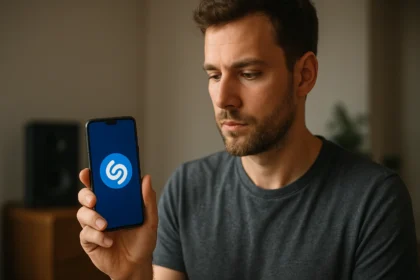 Muž používa aplikáciu Shazam na rozpoznávanie hudby na svojom telefóne.