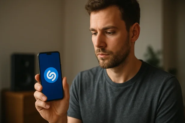 Muž používa aplikáciu Shazam na rozpoznávanie hudby na svojom telefóne.