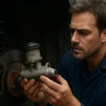 Mechanik kontroluje hlavný brzdový valec automobilu