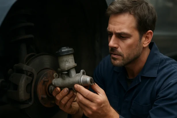 Mechanik kontroluje hlavný brzdový valec automobilu