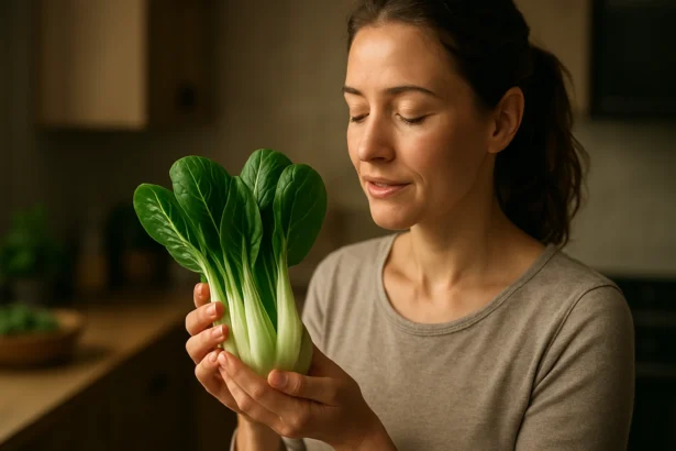 Žena s pak choi v ruke, symbol zdravého stravovania.