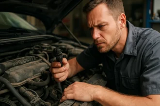 Mechanik skúma zanesený PCV ventil pod kapotou auta.