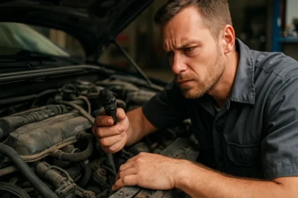 Mechanik skúma zanesený PCV ventil pod kapotou auta.