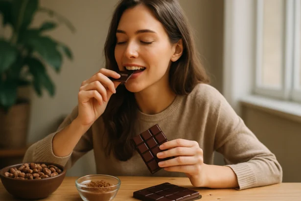 Žena si vychutnáva čokoládu spolu s kakaovými zrnami a kakaom.