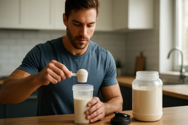 Muž pripravujúci si srvátkový proteínový izolát na regeneráciu svalov.