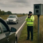 Policajt meria rýchlosť vozidiel pri stacionárnom radare