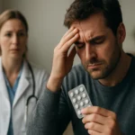 Muž trpiaci vedľajšími účinkami lieku vo vyšetrovacej miestnosti.