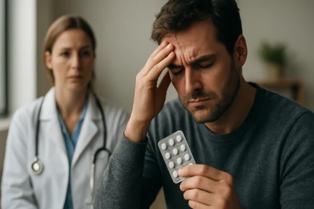 Muž trpiaci vedľajšími účinkami lieku vo vyšetrovacej miestnosti.