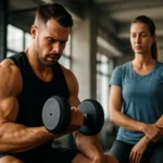 Muž cvičí s činkami v posilňovni, zatiaľ čo žena pozoruje.