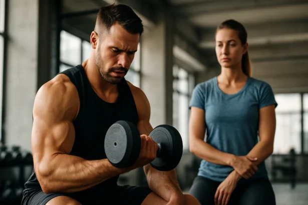 Muž cvičí s činkami v posilňovni, zatiaľ čo žena pozoruje.