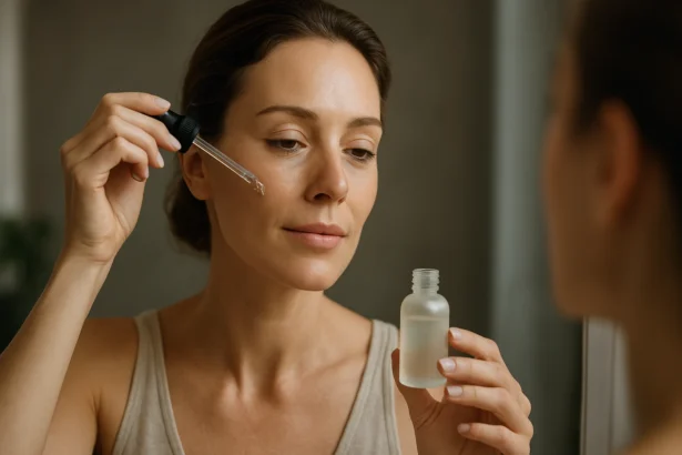 Žena aplikuje sérum na tvár v bohatom osvetlení.