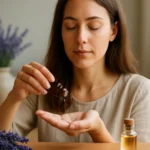 Žena používajúca levanduľový olej pre upokojenie a relaxáciu.