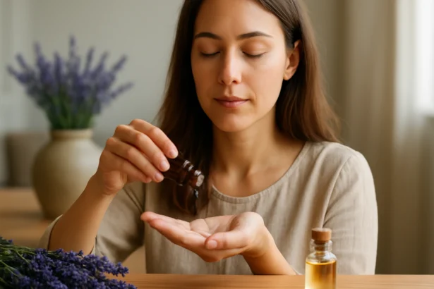 Žena používajúca levanduľový olej pre upokojenie a relaxáciu.