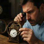 Muž skúma mechanické hodiny pomocou zväčšovacieho skla.