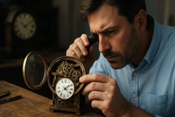 Muž skúma mechanické hodiny pomocou zväčšovacieho skla.