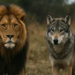 Lev a vlk vo voľnej prírode, symboly divokých zvierat.