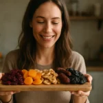 Žena sa usmieva a drží tanier so sušeným ovocím.