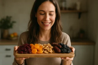 Žena sa usmieva a drží tanier so sušeným ovocím.