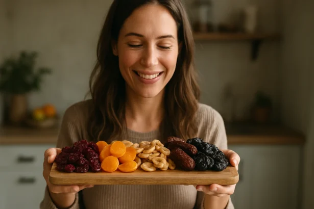 Žena sa usmieva a drží tanier so sušeným ovocím.